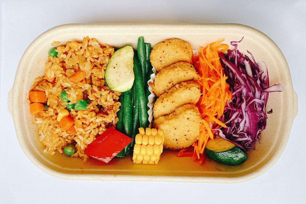 Rainbow Fried Rice with Plant Nuggets
